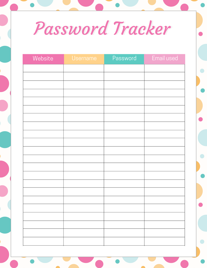 Password Tracker Free Printable Debt Free Spending